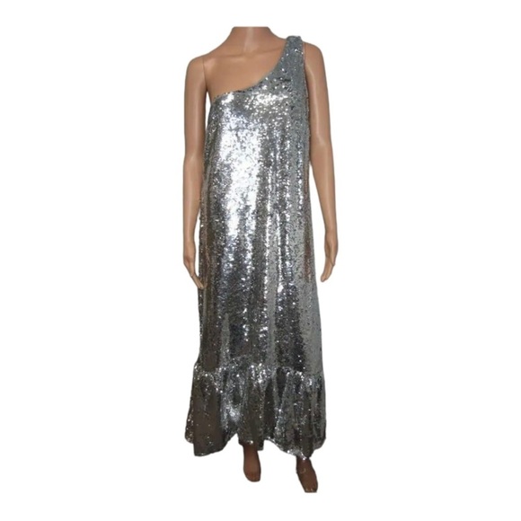 MAEVE Anthropologie One Shoulder Sequin Ruffle Maxi Dress Silver Medium NWT - Picture 7 of 11